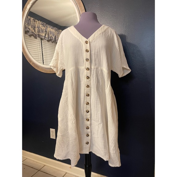 Madewell Gauze Button Front Midi Dress Size L Cream Short Sleeve V Neck - Picture 1 of 4